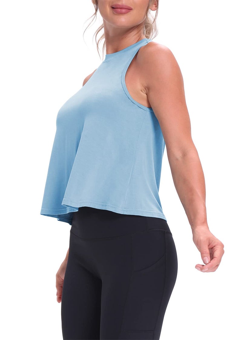 Mippo Workout Tops for Women High Neck Tank Cropped Workout Top Womens Muscle Tank Athletic T Shirts Crop Tees Light Blue S - Image 4